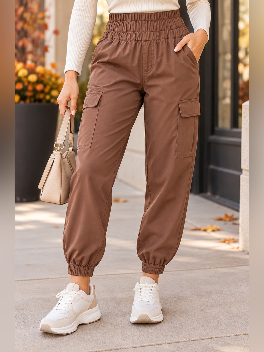 HYFVE Women’s Brown Cargo Jogger Pants Size S High Rise Elastic Waist Stretch